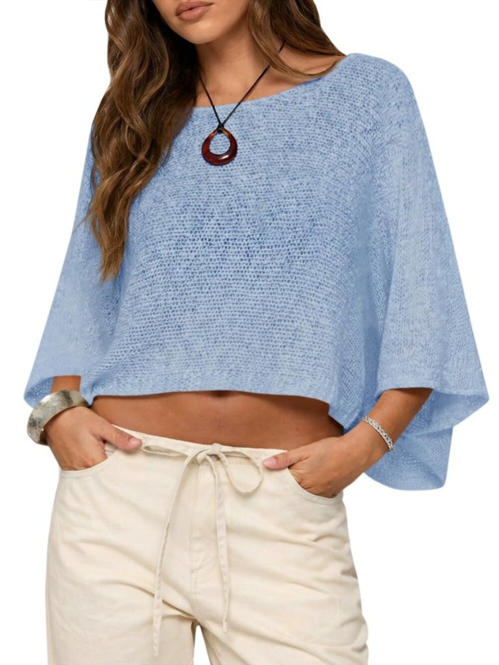 Womens Crochet Cover Ups Batwing Sleeve Sweater Crop Tops Lightweight Summer
